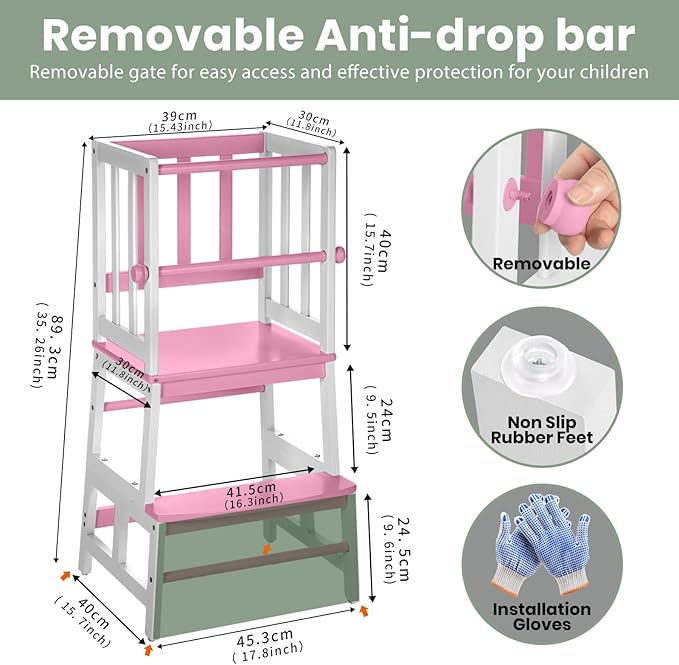 COSYLAND Kids Kitchen Step Stool, Toddler Standing Tower with CPC & FSC Certification, Removable Anti-Drop Railing Safety Rail Enjoys Unique Patented Design A Anti-tip Stable Structure Pink & White