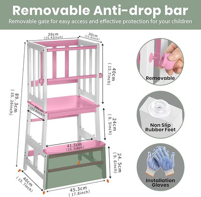 COSYLAND Kids Kitchen Step Stool, Toddler Standing Tower with CPC & FSC Certification, Removable Anti-Drop Railing Safety Rail Enjoys Unique Patented Design A Anti-tip Stable Structure Pink & White