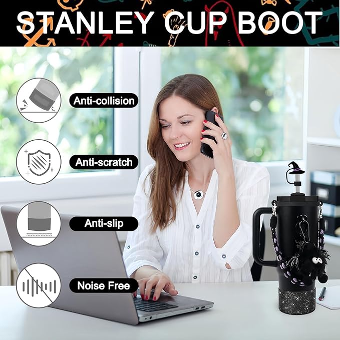 BELSITA Stanley Cup Accessories Set, Black Bird Chain Braided Design Water Bottle Handle Strap, Black Glitter Silicone Stanley Cup Boot, Stanley Charms for Stanley Cup 30/40oz Tumble (Halloween 2)
