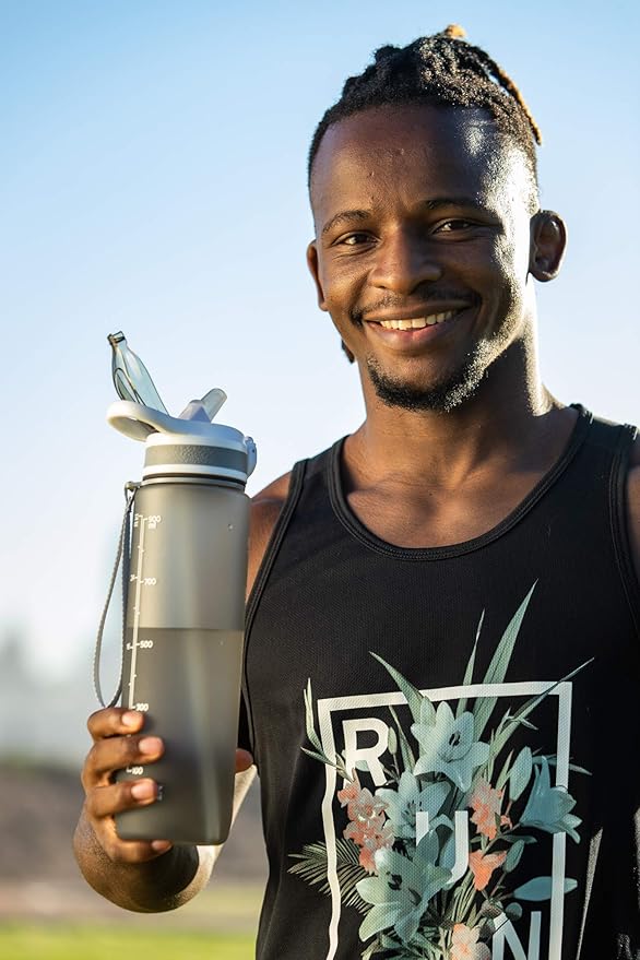 Prometheuz 32oz Water Bottle with Straw, Motivational Water Bottle with Time Marker, Water Bottles Leakproof & BPA-Free for Sports, Work and Fitness Grey