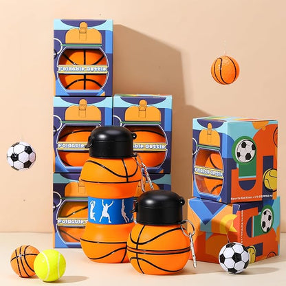 Layhit 8 Pcs Collapsible Basketball Water Bottle 18oz Basketball Cups Gifts for Kids Silicone Portable Leakproof Folding Water Bottle with Hook for Sports School Travel