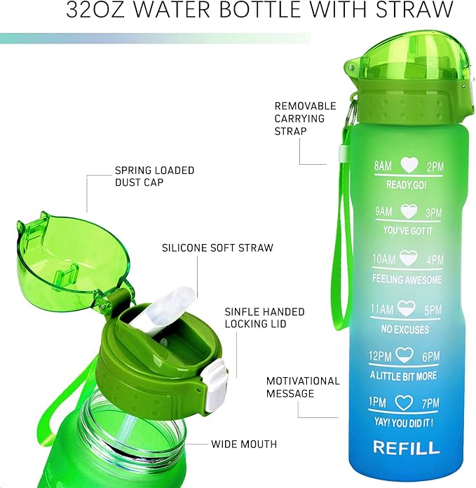 XACIOA Water Bottle with Straw,32oz Plastic Cup with Motivational Time Marker,1L Tritan Sport Lightweight Leakproof BPA-Free,Wide Mouth Fast Flow Ensure You Have Times to Drink,with Straw & Cup Brush