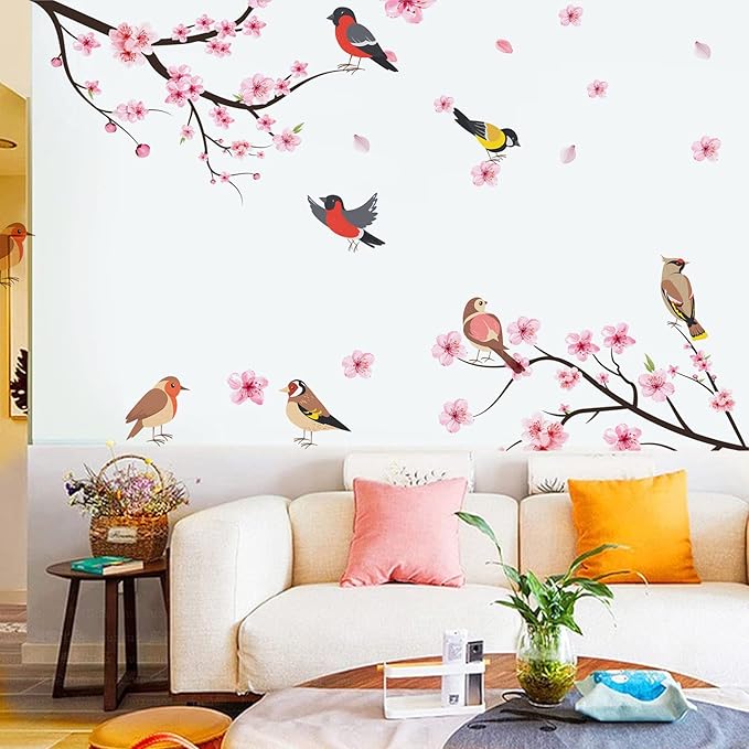 Pink Cherry Blossom Wall Decals, Flying Bird Wall Stickers, Flower and Tree Branch Wall Decor, Removable Vinyl Wall Decor Mural Art for Baby Nursery Bedroom & Living Room Sofa TV Backdrop Decoration