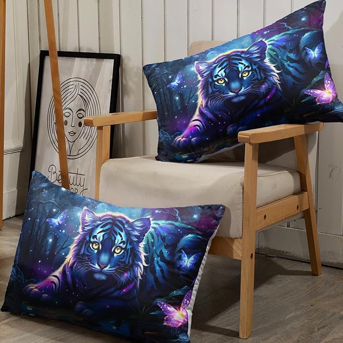 AILONEN Tiger Fitted Sheet Set Twin XL Size, Fairy Starry Forest Cute Tiger Sheet Wildlife Bed Sheet Set,3 Pieces Printed Fitted Sheet with 2 Pillowcases