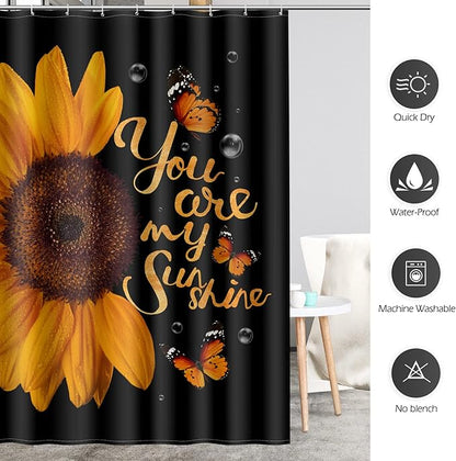 Aimego Sunflower Shower Curtain Butterfly Floral You are My Sunshine on Black Background Farmhouse Shower Curtain Set with 12 Hooks for Bathroom Decor Accessories Bathtub Curtain, 72"x72"
