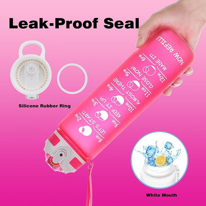 Prometheuz 32oz Water Bottle with Straw, Motivational Water Bottle with Time Marker, Water Bottles Leakproof & BPA-Free for Sports, Work and Fitness Pink