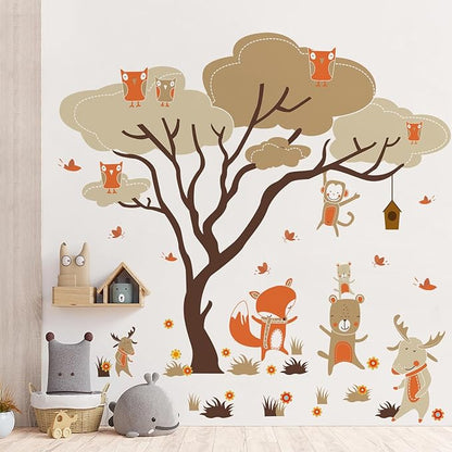 Woodland Animals Large Tree Wall Stickers Fox Deer Monkey Owl Wall Decals Removable DIY Peel and Stick Wall Decor for Kids Baby Bedroom Living Room