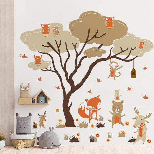 Woodland Animals Large Tree Wall Stickers Fox Deer Monkey Owl Wall Decals Removable DIY Peel and Stick Wall Decor for Kids Baby Bedroom Living Room