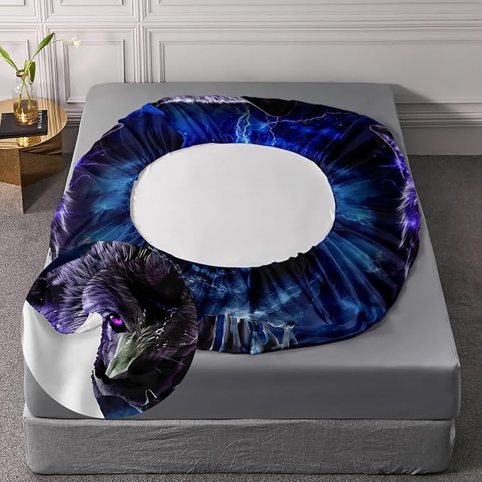 AILONEN Wolf Fitted Sheet Set Queen Size, Black Wolf Lightning Howling Wolf Bed Sheet Set for Boys,Wildlife Soft 3D Printed Fitted Sheet with 2 Pillowcases,3 Pieces