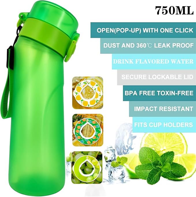 Air Water Bottle,750ML Scent Water Cup with 3 Flavour Pods,Leak Proof Sports Water Cup with Straw Suitable for Outdoor Sports,Gifts From Friends, Birthday Gifts (New Green + 3pods)