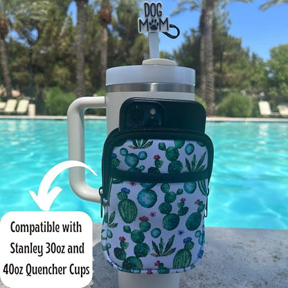 Neoprene Water Resistant Water Bottle Pouch with Adjustable Velcro, Gym Accessories, Sports Armband, Compatible with Stanley Quencher (Cactus)