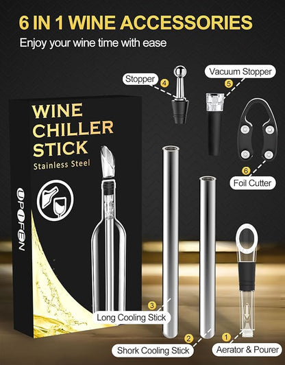 6pcs Wine Chiller Set - 2 Wine Bottle Cooler Sticks + 1 Wine Aerator Pourer + 1 Foil Cutter + 2 Wine Stoppers, Wine Tasting Drinking Accessory, Hosting Wine Gift for Wine Lover Women Men