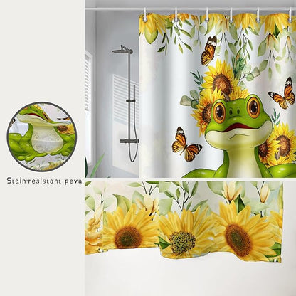 AILONEN Cartoon Frog Shower Curtain Yellow Sunflower Shower Curtain 60" W*72" H,Wildlife Frog Modern Botanical Floral 3D Printed Animal Bathroom Decor Shower Curtain with 12 Hooks