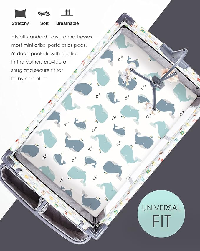 GRSSDER Stretchy Ultra Soft Jersey Knit Fitted Pack n Play Sheets Set 2 Pack, Portable/Mini Cribs Playards Sheets, Universal Fitted Pack and Play Mattress Sheets, Lovely Whale for Girls and Boys