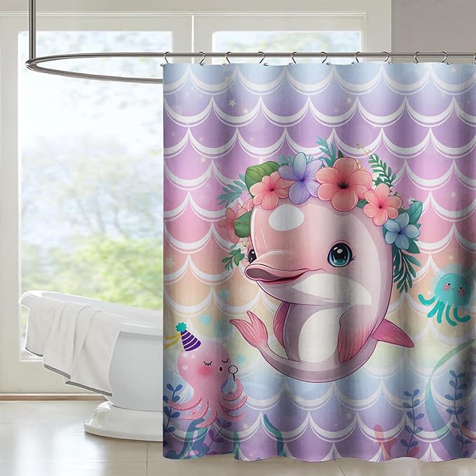 AILONEN Cute Dolphin Shower Curtain,Beautiful Sea World Theme Bath Curtain Cloth Fabric Bathroom 72" W*72" H Inch,12 Pack Hooks for Kids Child Cute Pink Dolphin Sea Animal Bathroom Curtain
