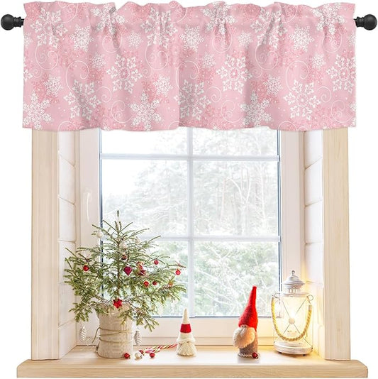 Christmas Valance Curtains for Kitchen Windows Pink White Snowflakes Pattern Rod Pocket Window Treatment Toppers for Kitchen/Living Room/Bedroom/Bathroom, 54" X 18", Winter