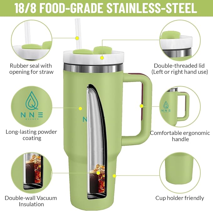 40oz stainless Steel Insulated Tumbler with Handle, lid and straw for cold water, Iced tea, or coffee - 100% Leak-Proof - Cupholder Friendly Travel Mug- Gifts for Women Men Him Her (Green)