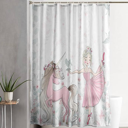 AILONEN Unicorn Shower Curtain, Cartoon Unicorn with Ballerina Girl Shower Curtain Set for Girls Teens Kids,Watercolor Pink Flowers Fabric Shower Curtain for Bathroom,48" W*72" H