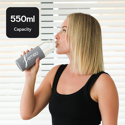 Femeo® Glass Water Bottle for Women | Eco, Yoga & Gym Friendly, 18oz | 100% Leakproof, BPA-Free, Dishwasher Safe, Borosilicate Drinking Glass Bamboo Sports Cap Teal