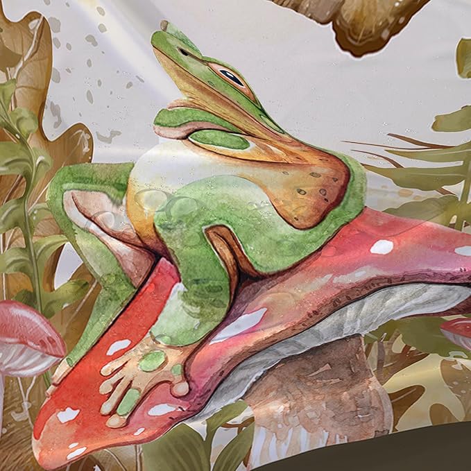 AILONEN Green Frog Mushroom Shower Curtain,Red Mushroom Waterproof Fabric Bath Curtain for Kids Girls Boys,Boho Aesthetic Minimalist Shower Curtain Set for Bathroom with Hooks,48" W*72" H