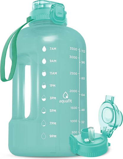 AQUAFIT 1 Gallon Water Bottle with Time Marker - BPA Free 128 oz Water Bottle with Straw, Gym Water Bottle with Handle, 1 Gallon Water Jug, Big Water Bottle, Large Water Bottle (Cool Mint)