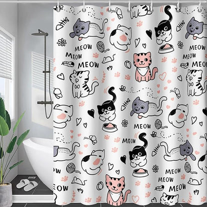 AILONEN Cat Shower Curtain, Cute Cat Cartoon Pet Cat Kitten Bathroom Curtain,Cat Paw Print Cat Lover Bath Curtain 72" W*96" H Polyester Waterproof Bathroom Curtain with 12 Hooks
