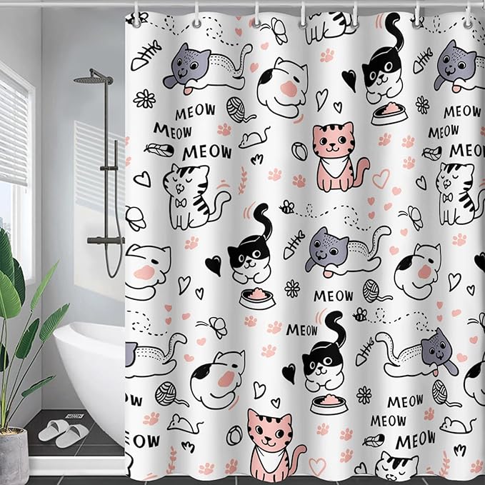 AILONEN Cat Shower Curtain, Cute Cat Cartoon Pet Cat Kitten Bathroom Curtain,Cat Paw Print Cat Lover Bath Curtain 72" W*84" H Polyester Waterproof Bathroom Curtain with 12 Hooks