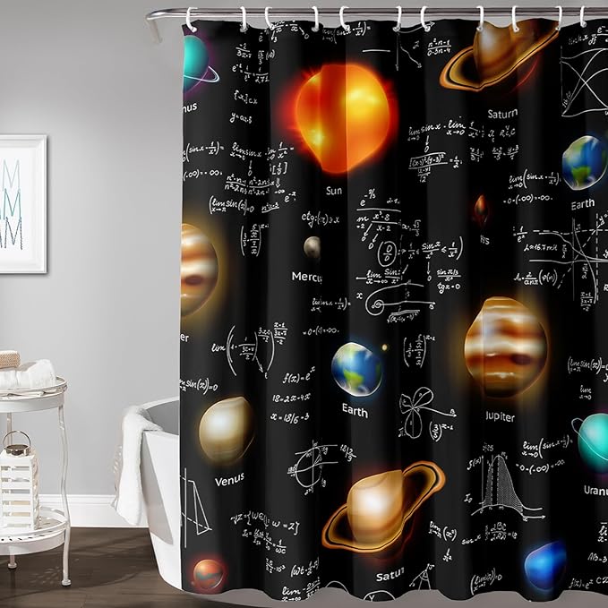 AILONEN Solar System Shower Curtain,Math Galaxy Planet Bath Curtain for Bathroom Decor,Polyester Waterproof with 12 Plastic Hooks 60" W*72" H