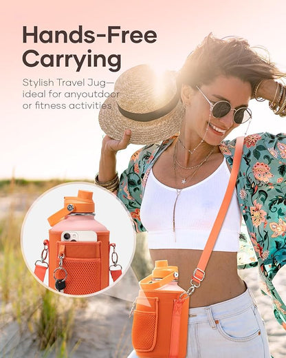 Half Gallon Water Bottle, BUZIO 64 oz Insulated Stainless Steel Water Bottles with Straw Lid Leak Proof water jug, Keep Cold 48H Lead-Free Double Wall Vacuum Metal Mug for Sport Camping Beach, Orange