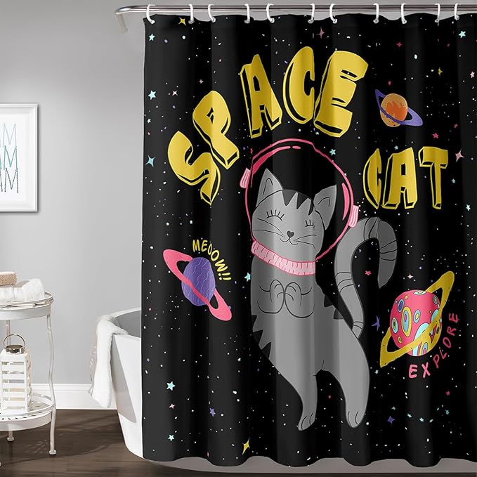AILONEN Kawaii Cat Shower Curtains,Galaxy Aerospace Cat Bath Curtain for Bathroom,Outer Space Polyester Waterproof with 12 Plastic Hooks 72" W*72" H