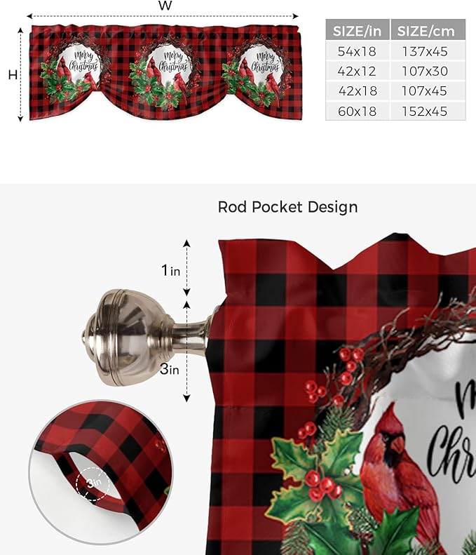 Merry Christmas Blackout Tie Up Valance Curtains for Kitchen Windows Winter Cardinal Holly Berries Window Toppers Balloon Shades for Living Room/Bathroom/Bedroom,1 Panel,60" X 18" Red Black Plaid