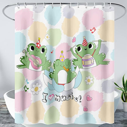 AILONEN Frog Shower Curtain, Cute Frog Bathroom Curtain,Music Frog Green Cartoon Kids Shower Curtain 72" W*72" H Polyester Waterproof Frog Bathroom Curtain with 12 Hooks