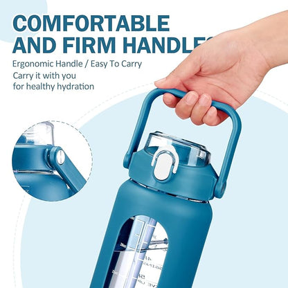 kytffu 42oz Glass Water Bottles with Straw, Motivational Glass Bottle with Silicone Sleeve and Time Marker, Leakproof Large Glass Water Jug for Gym Home Office,Iron Blue
