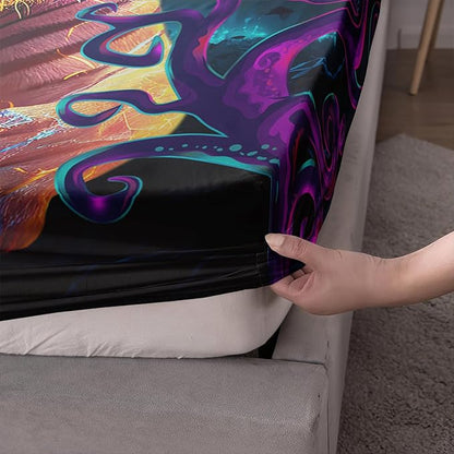 AILONEN Tiger Fitted Sheet Set Full Size, Purple Magic Forest Fierce Tiger Bed Sheet Set for Boys Girls,Howling Tiger Soft Breathable Fitted Sheet and 2 Pillowcases,3 Pieces