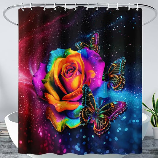 AILONEN Colorful Rose Shower Curtain for Bathroom Decor,Butterfly Galaxy Rose Flower Bath Curtain for Girls Women,Modern Romantic Curtain Waterproof with 12 Plastic Hooks, 72" W*84" H
