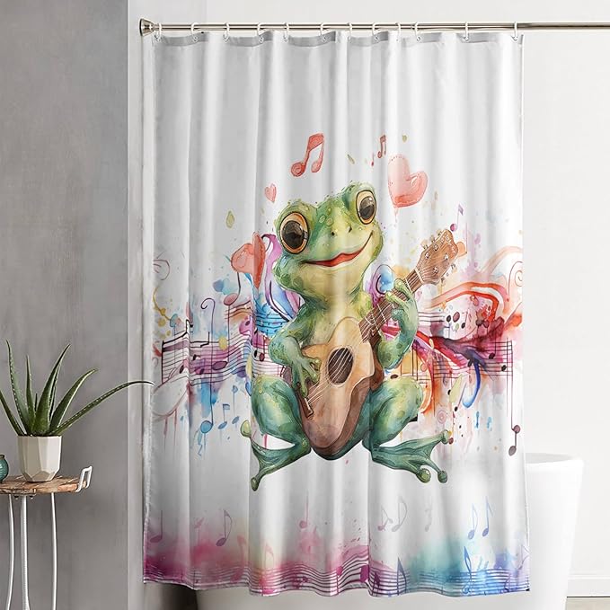 AILONEN Cartoon Frog Shower Curtain,Green Guitar Frog Bathroom Curtain for Kids Boys Girls,Kawaii Forg Animal Shower Curtains for Bathroom,Tie-Dye Theme Bathroom Curtain,72" W*84" H