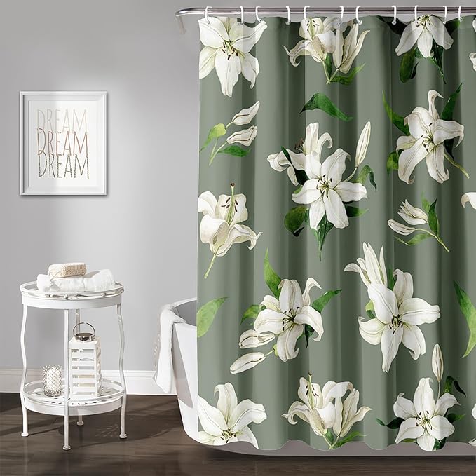 AILONEN Flower Shower Curtain, Vintage Garden Lilies Theme Waterproof Fabric Shower Curtain Set,Green Spring Flowers Bathroom Decor for Teen Girls Women,36" W*72" H