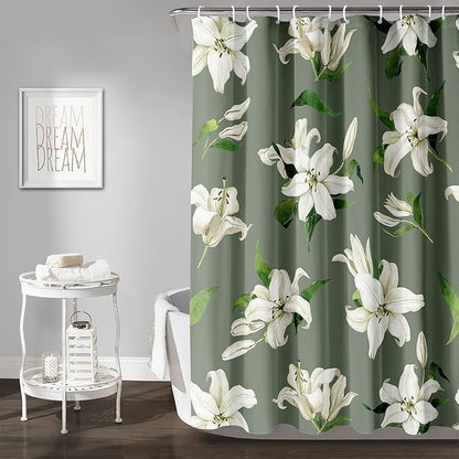 AILONEN Flower Shower Curtain, Vintage Garden Lilies Theme Waterproof Fabric Shower Curtain Set,Green Spring Flowers Bathroom Decor for Teen Girls Women,36" W*72" H