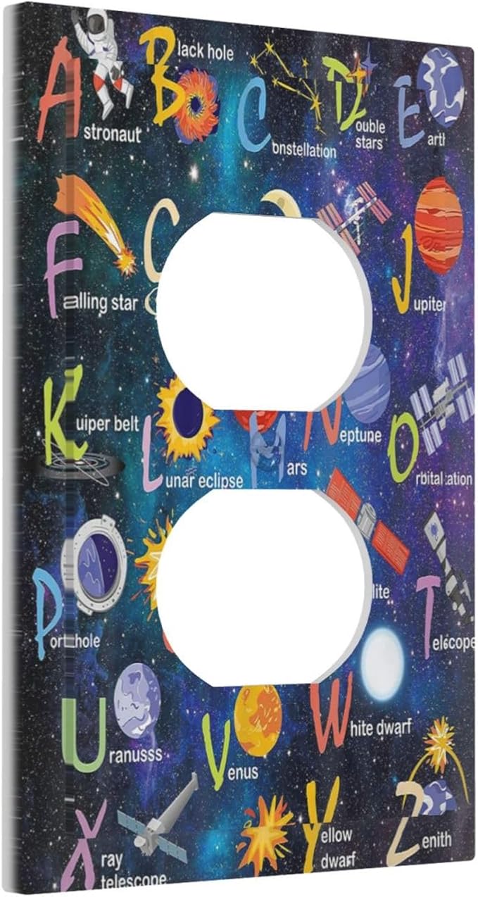 ABC Outer Space 1 Gang Outlet Plate Covers Decorative Single Duplex Wall Plate Alphabet Galaxy Electrical Receptacle Light Switch Cover Art Faceplate Switchplate for Kidroom Boyroom Livingroom Decor