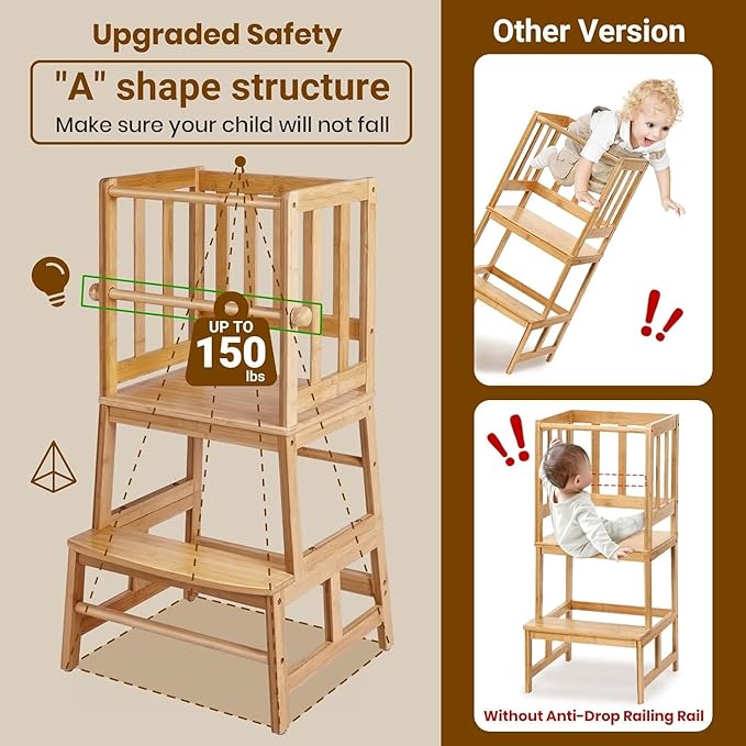 COSYLAND Kids Kitchen Step Stool，Toddler Standing Tower with CPC Certification, Removable Anti-Drop Railing Safety Rail Enjoys Unique Patented Design A Anti-tip Structure More Stable, Natural Bamboo