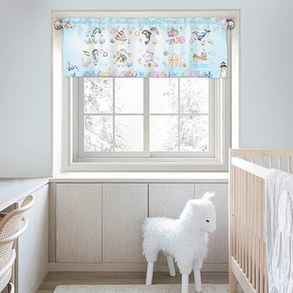 Colorful Sea Animals Valance 54''x18'' Kids Toddler Nursery Bedroom Window Decor Drapes Whale Dolphin Turtle Sea Horse Corals Rainbow Rod Pocket Short Curtains for Kitchen Living Room Bathroom 1 Pack