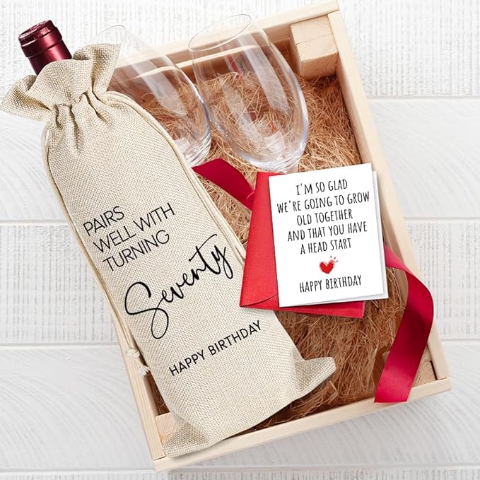 70th Birthday Gifts for Women Men, 70 Years Old Birthday Wine Bag, 70th Birthday Decorations, Happy 70th Birthday Party Wine Bag Gifts, Pairs Well With Turning 70, 1 Wine Bag With 1 Birthday Card