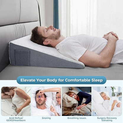 7.5" Wedge Pillow,New Patented Ergonomic Contour Design,Memory Foam Triangle Wedge Pillow for Back Pain Relief, Acid Reflux, Gerd, Heartburn and Snoring,Post Surgery Pillow for Body Elevation