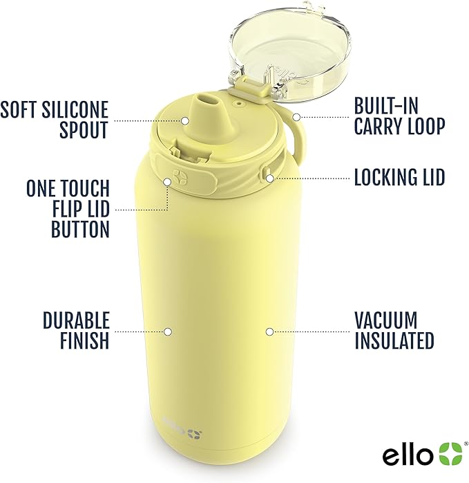 Ello Cooper 32oz Stainless Steel Water Bottle with Straw and Carry Handle, Double Walled and Vacuum Insulated Metal, Leak Proof Locking Lid with Soft Silicone Spout, Reusable, BPA Free, Lemonade