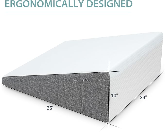 Bed Wedge Pillow with Foam Top for Sleeping, 10 Inch Elevated Support Triangle Pillow for Reading and Rest, Bed Pillow for Legs and Back Support with Washable Cover