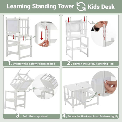 COSYLAND 3-in-1 Multifunctional Toddler Standing Tower, Kids Kitchen Step Stool with Whiteboard, Desk Table and Chair, Enjoys Unique Patented Design,FSC,CPC,SOR,CE,White
