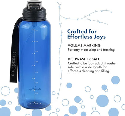 GRANDTIES Sports Tritan Plastic Water Bottle with Straw, Removable – Leakproof BPA Free Dishwasher Safe Travel Water Bottle with Strap – Reusable Water Bottle for Gym, Outdoor, Fitness 52oz Navy