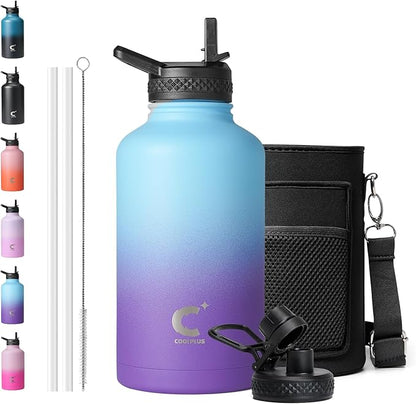64oz Insulated Water Bottle, Coolplus Half Gallon Water Jug With Straw Stainless Steel Double-Walled Vacuum Metal Large Flask With Carry Sleeve Bpa-Free Leakproof, Keep Cold 48 Hrs, Blue Purple