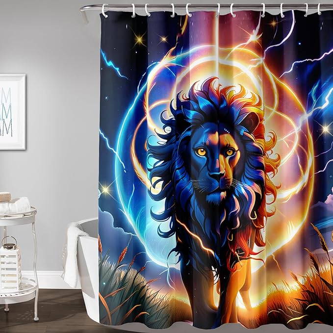 AILONEN 3D Lion Shower Curtain for Bathroom,Gold Halo Lightning Lion Printed Bath Curtain,Boys Teen Kids Running Lion Decoration Shower Curtain Waterproof 72" W*72" H