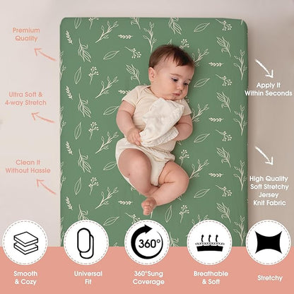 ACRABROS Crib Sheets for Girl Boy: Stretchy Baby Fitted Crib Mattress Sheets Sets 2 Pack Standard Size Ultra Soft Neutral, Blossom Deer&Green Leaf